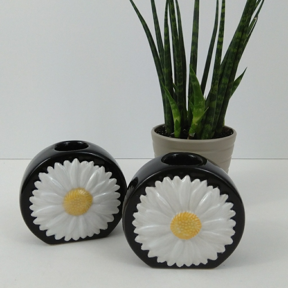 Vintage Black and White Sunflower Candlestick Holders Hand Painted